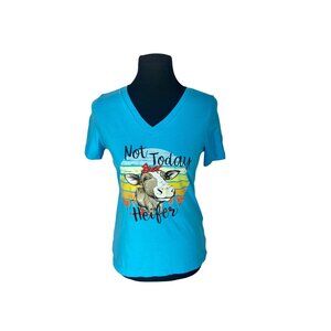 Bella Canvas Teal Blue V Neck‎ Not Today Heifer Short Sleeve Fitted Medium Tee